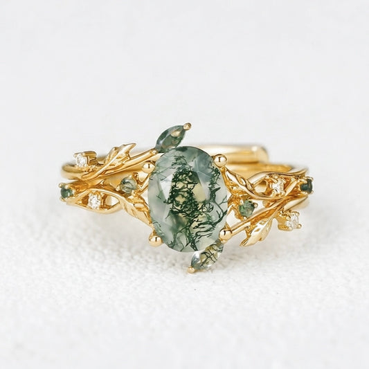 Melisande’s Tracery | Green Moss Agate Leaf Engagement Ring Set 2pcs.