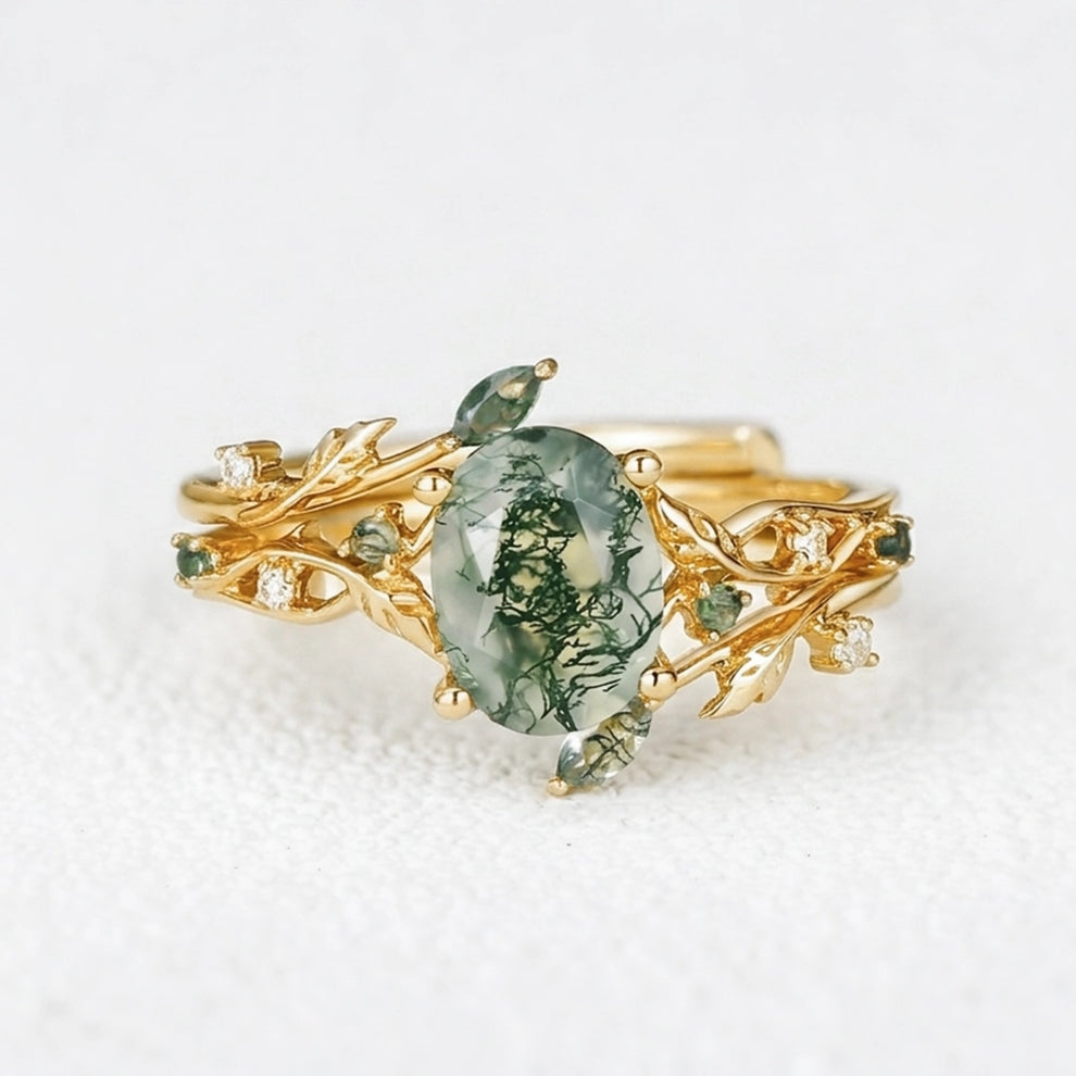 Melisande’s Tracery | Green Moss Agate Leaf Engagement Ring Set 2pcs.