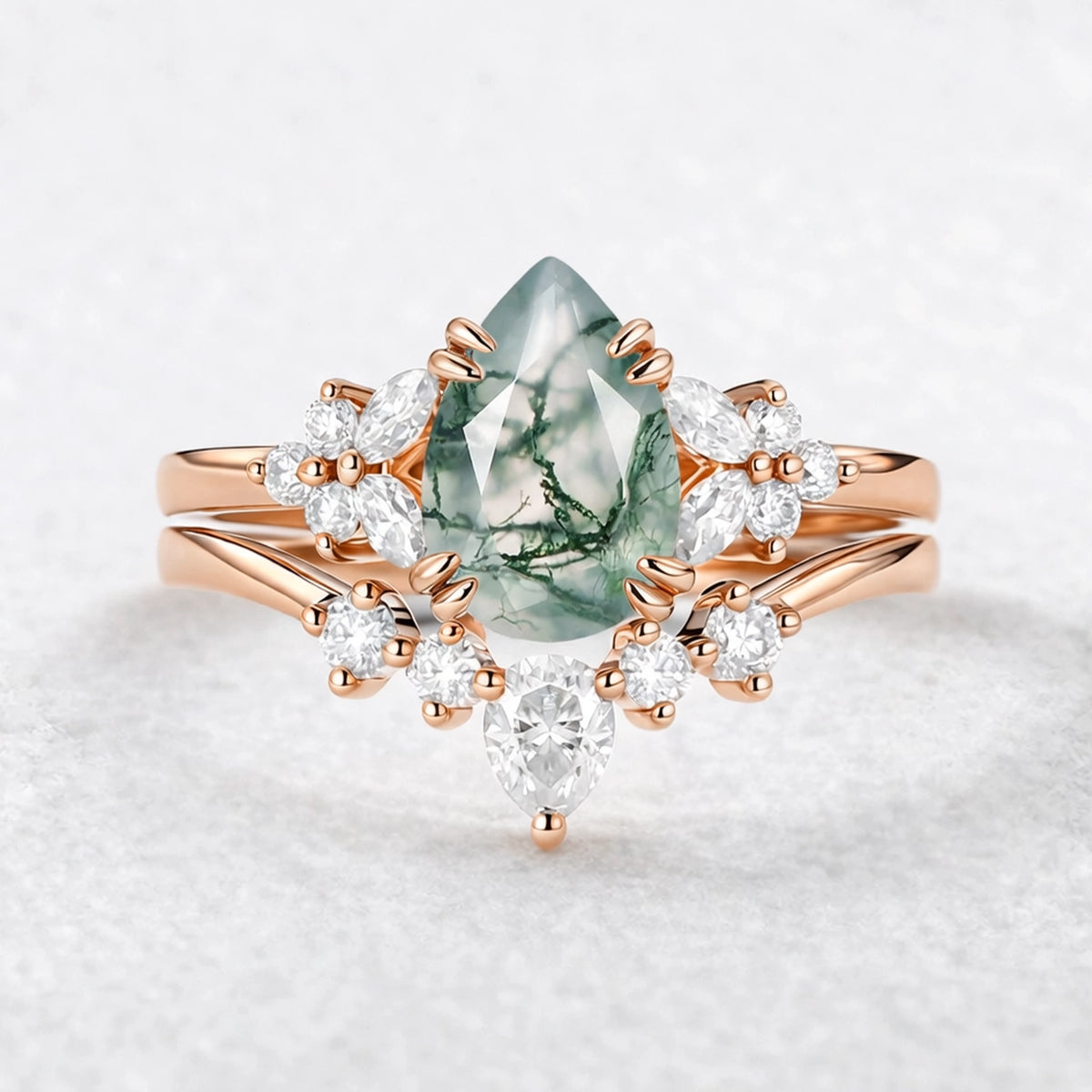 Cerys Pear Shaped Moss Agate Cluster Chevron Gold Ring Set 2pcs.