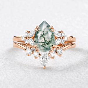 Cerys Pear Shaped Moss Agate Cluster Chevron Gold Ring Set 2pcs.