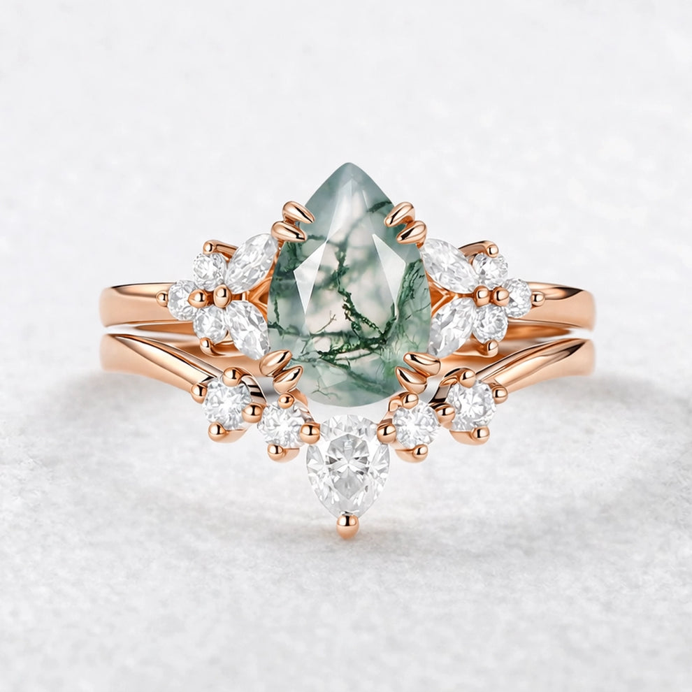 Cerys Pear Shaped Moss Agate Cluster Chevron Gold Ring Set 2pcs.