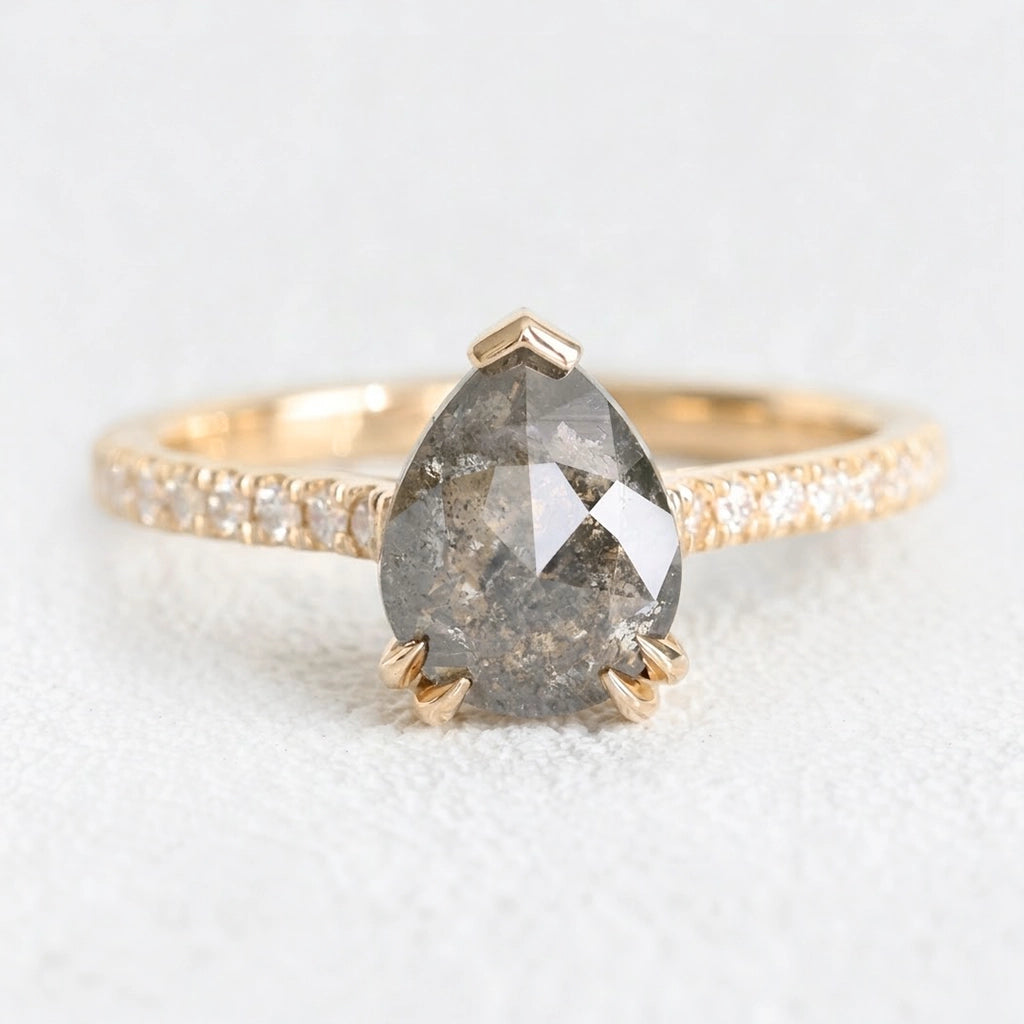 Astrid’s Stardust | 2CT Pear Cut Salt & Pepper Diamond Pavé Engagement Ring