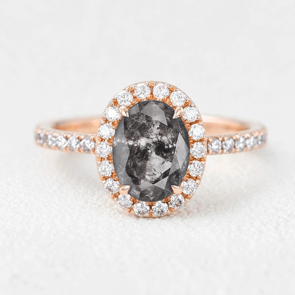 Isadora’s Essence | 1CT Oval Salt & Pepper Diamond Halo Pavé Engagement Ring