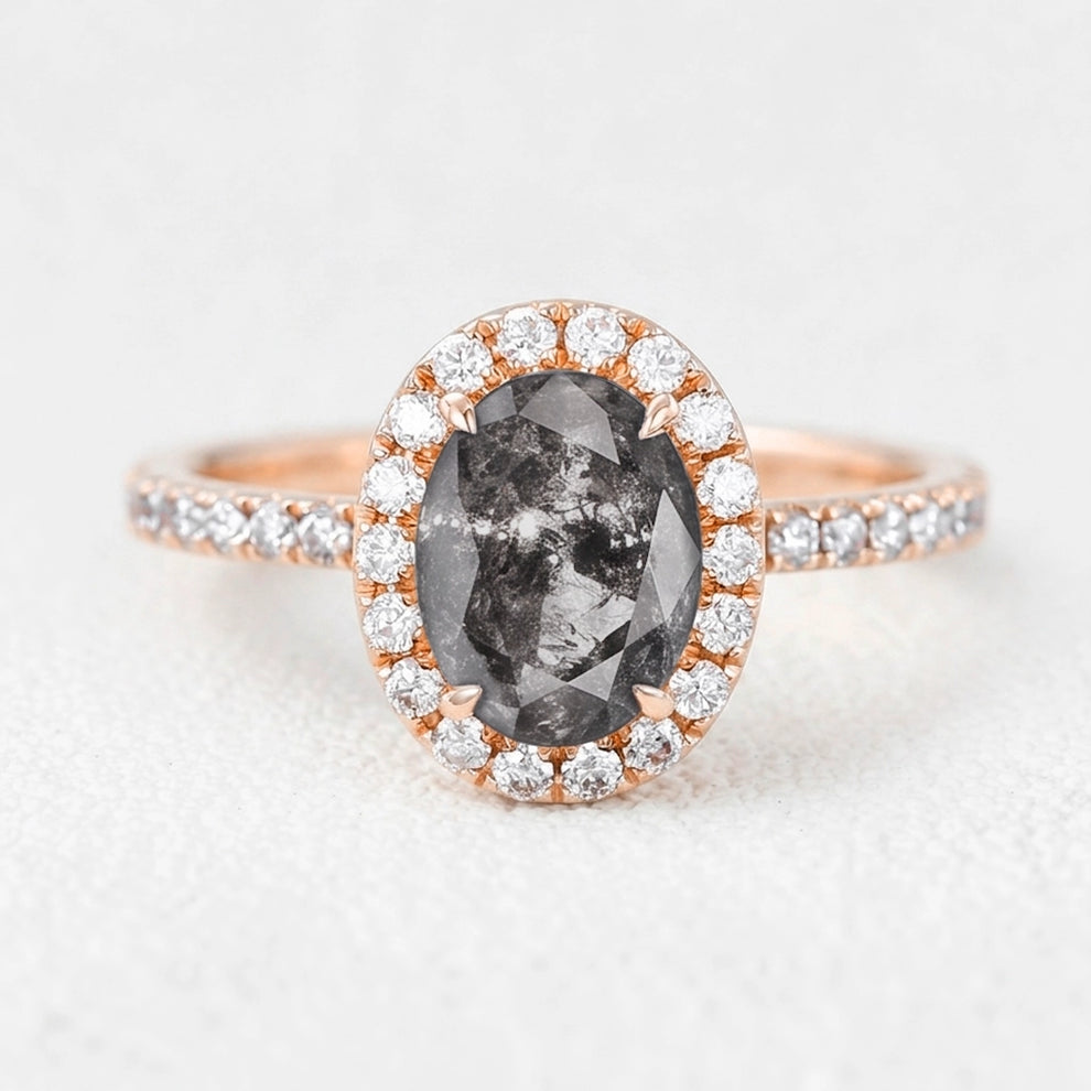 Isadora’s Essence | 1CT Oval Salt & Pepper Diamond Halo Pavé Engagement Ring