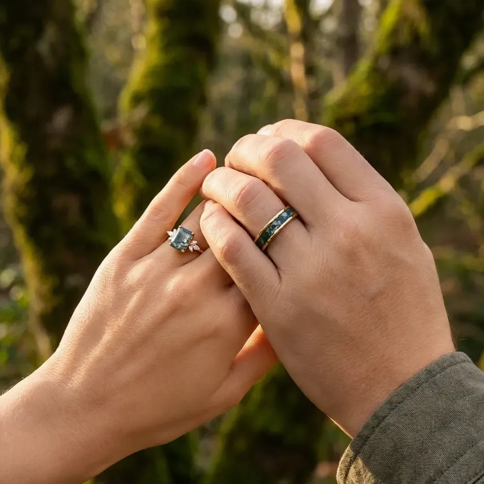 Flora’s Terrace | Emerald Cut Moss Agate Yellow Gold Couple Ring Set 2pcs.