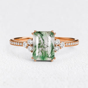 Isadora’s Verdant | Emerald‑Cut Moss Agate Pavé Engagement Ring