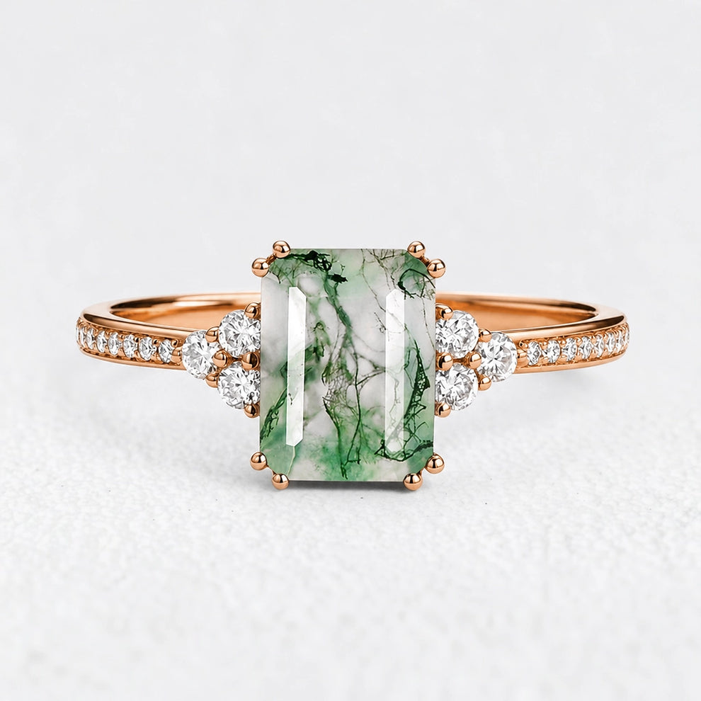 Isadora’s Verdant | Emerald‑Cut Moss Agate Pavé Engagement Ring