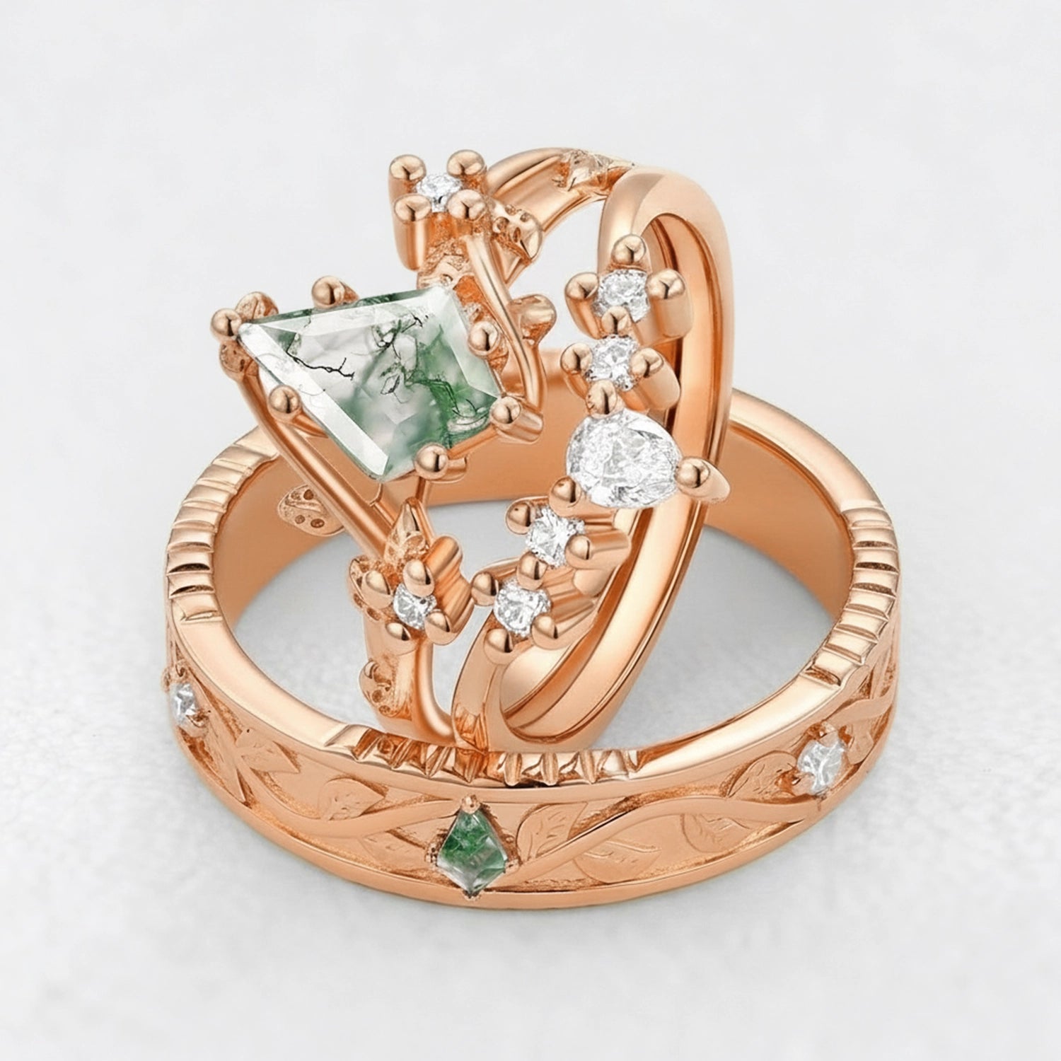 Genevieve’s Solace | Kite Cut Moss Agate Foliage Couple Ring Set 3pcs