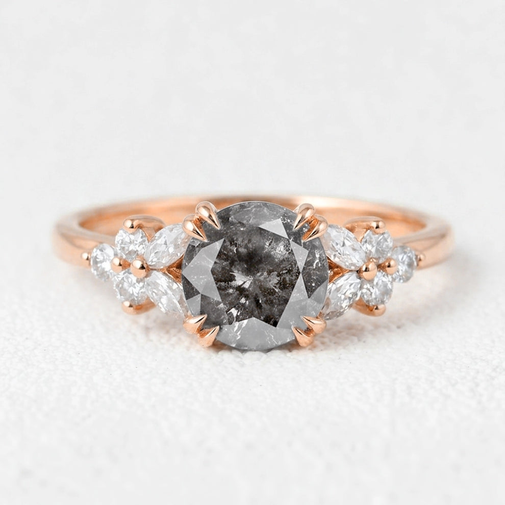Isadora’s Bloom | 1CT Vintage Round Salt & Pepper Diamond Cluster Engagement Ring