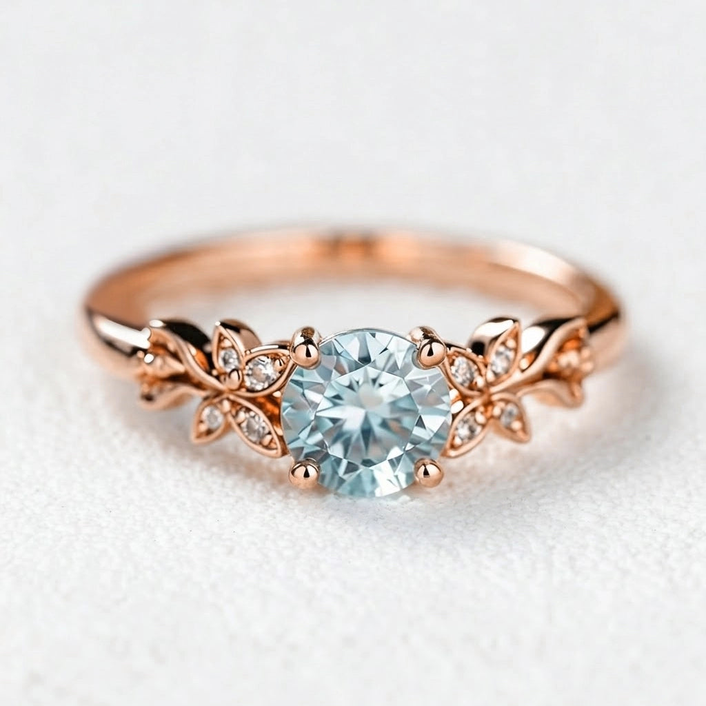 Marina’s Foliage | Round Blue Aquamarine Leafy Engagement Ring.