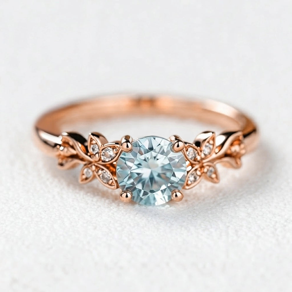 Marina’s Foliage | Round Blue Aquamarine Leafy Engagement Ring.