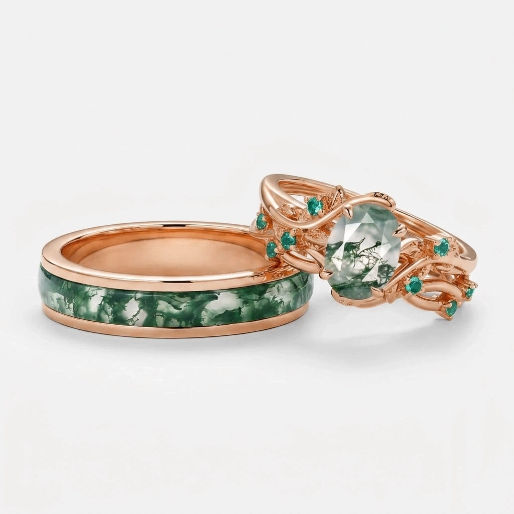 Evergreen Vows | Oval Moss Agate Leaf Veil Black Gold Couple Set 3pcs.