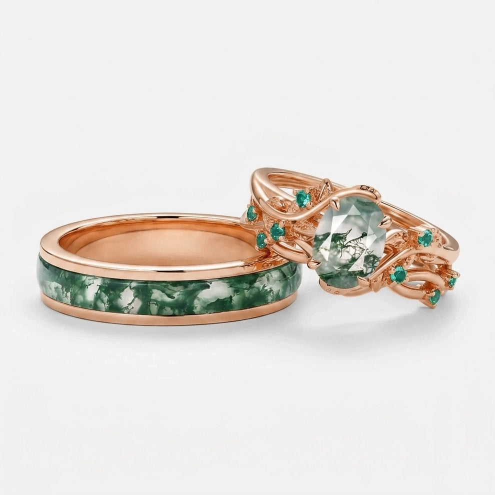Evergreen Vows | Oval Moss Agate Leaf Veil Black Gold Couple Set 3pcs.