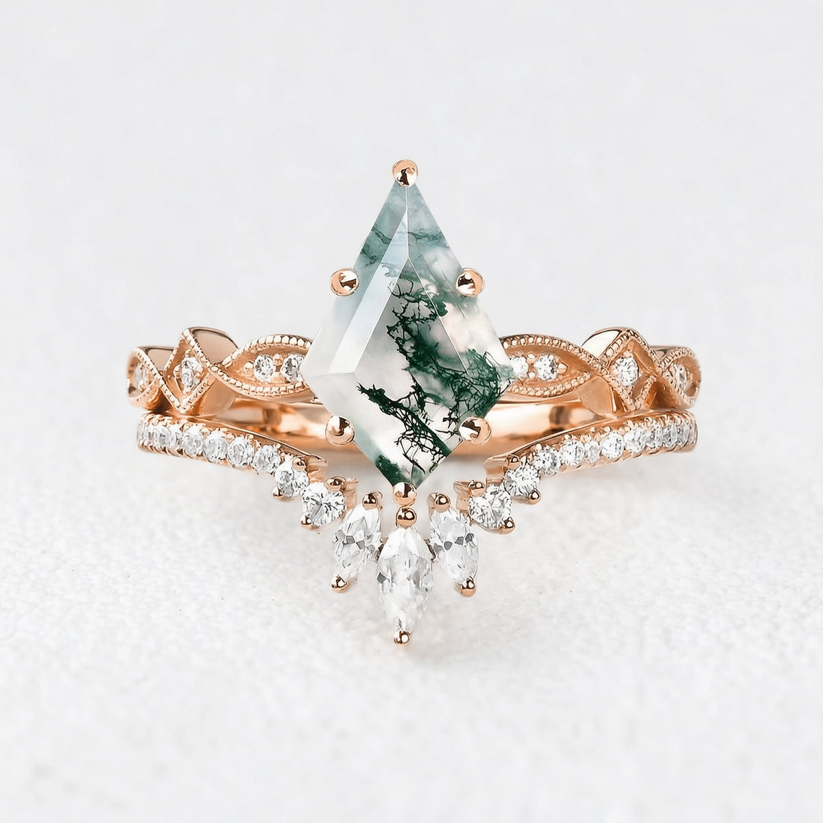 Sylvia‘s Glade | Kite Cut Moss Agate Chevron Bridal Duo