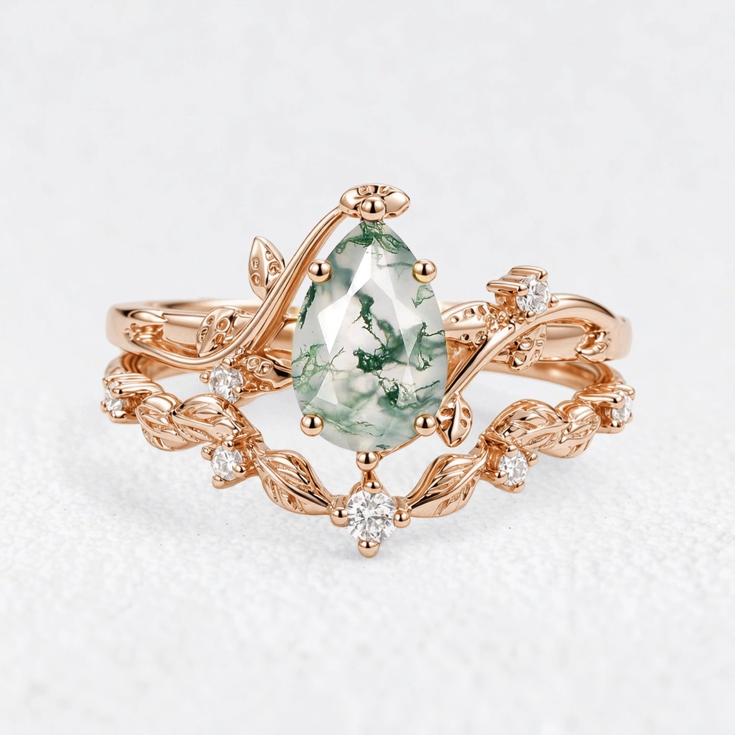 Hazel‘s Tangle | Pear Cut Moss Agate Vine Bridal Duo