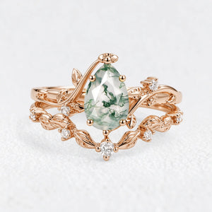 Hazel‘s Tangle | Pear Cut Moss Agate Vine Bridal Duo