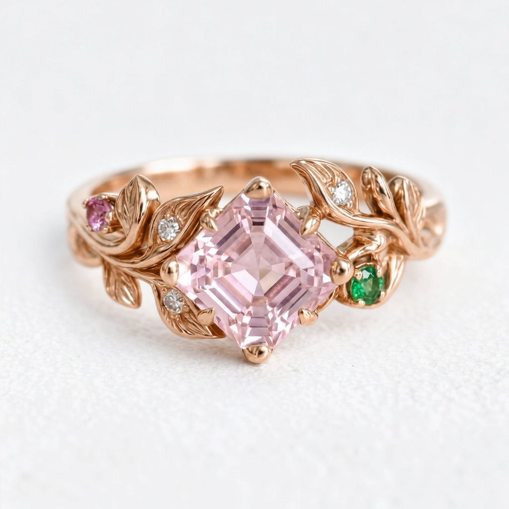 Rosalind’s Blush | Asscher Cut Pink Tourmaline Leafy Engagement Ring.
