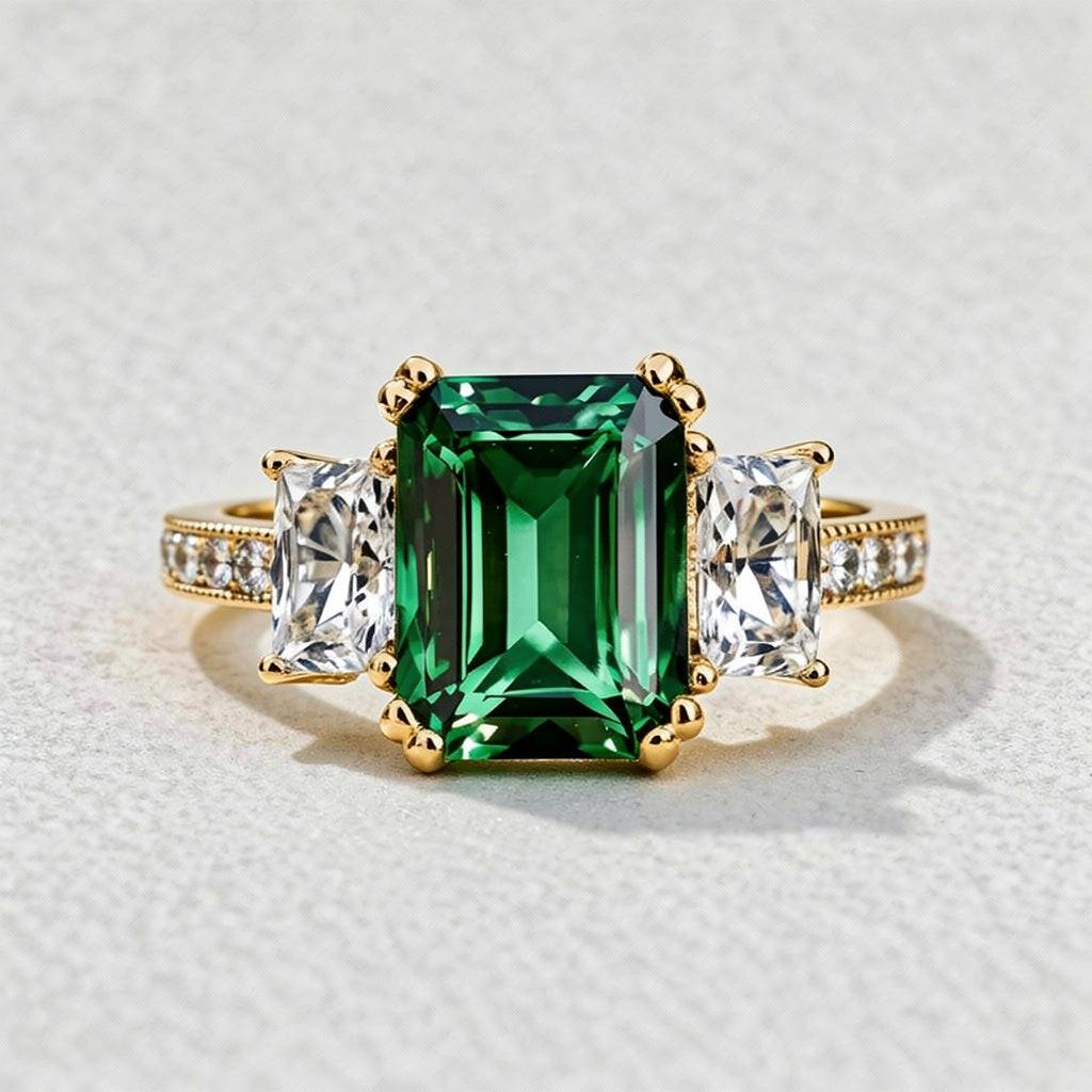 Cleo's Regal | 3CT Baguette Emerald Solitaire Statement Ring.