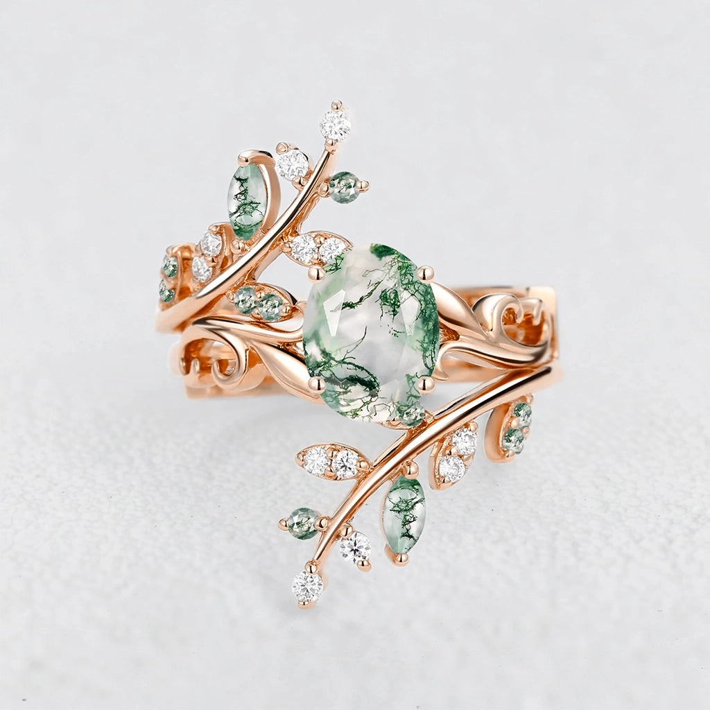 Daphne’s Canopy | Oval Cut Green Moss Agate Cluster Couple Ring Set.