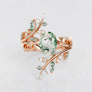 Daphne’s Canopy | Oval Cut Green Moss Agate Cluster Couple Ring Set.