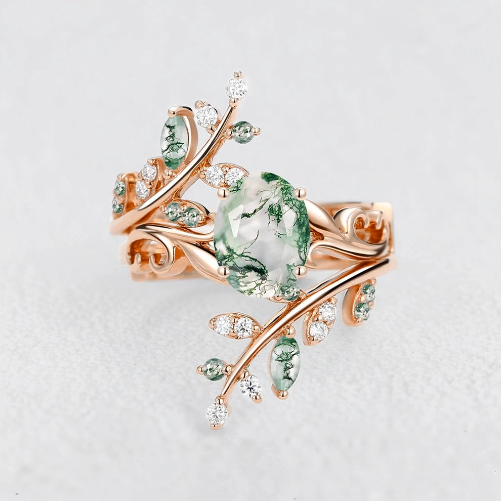 Daphne’s Canopy | Oval Cut Green Moss Agate Cluster Couple Ring Set.