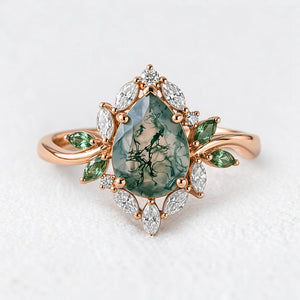 Daphne's Bloom | Pear Moss Agate & Diamond Cluster Engagement Ring
