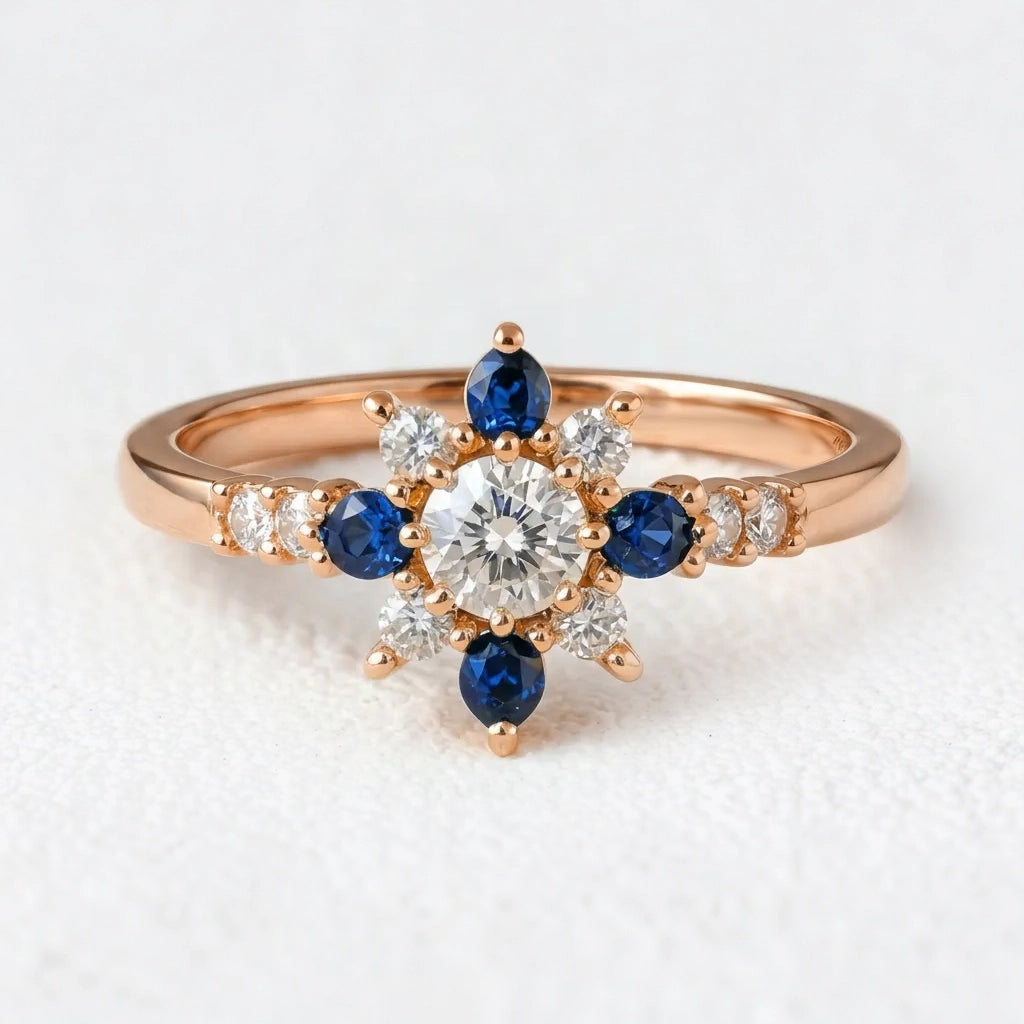 Sylvia’s Bloom | Round Diamond & Sapphire Petal Engagement Ring