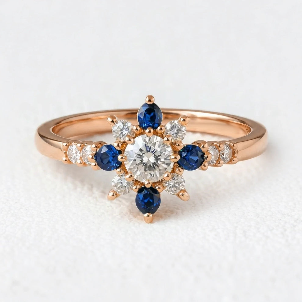 Sylvia’s Bloom | Round Diamond & Sapphire Petal Engagement Ring