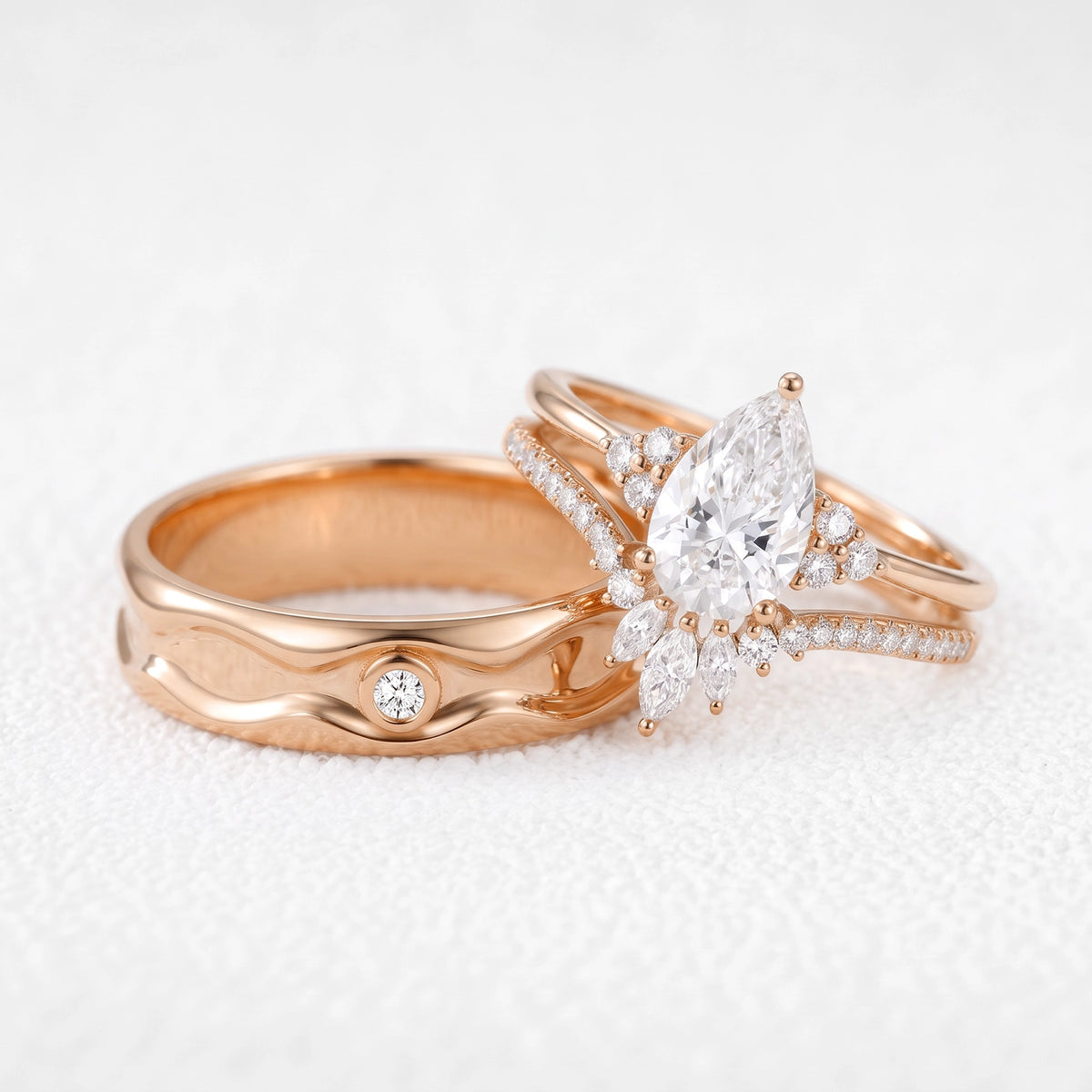 Ophelia’s Coronet | 1.5CT Pear Diamond Chevron Couple Set Trio