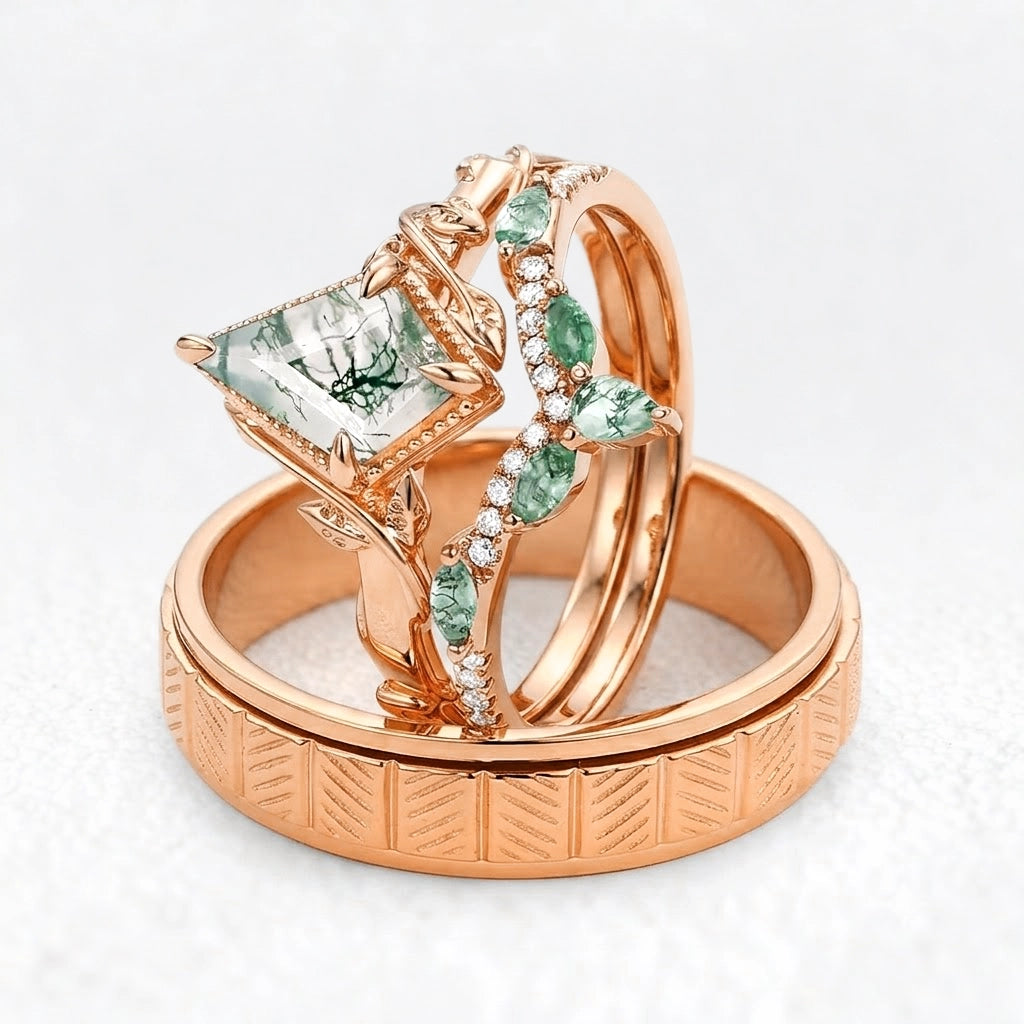 Flora’s Lark Trio | Kite Cut Moss Agate Leafy Couple Ring Set 3pcs