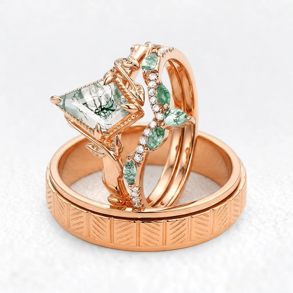 Flora’s Lark Trio | Kite Cut Moss Agate Leafy Couple Ring Set 3pcs