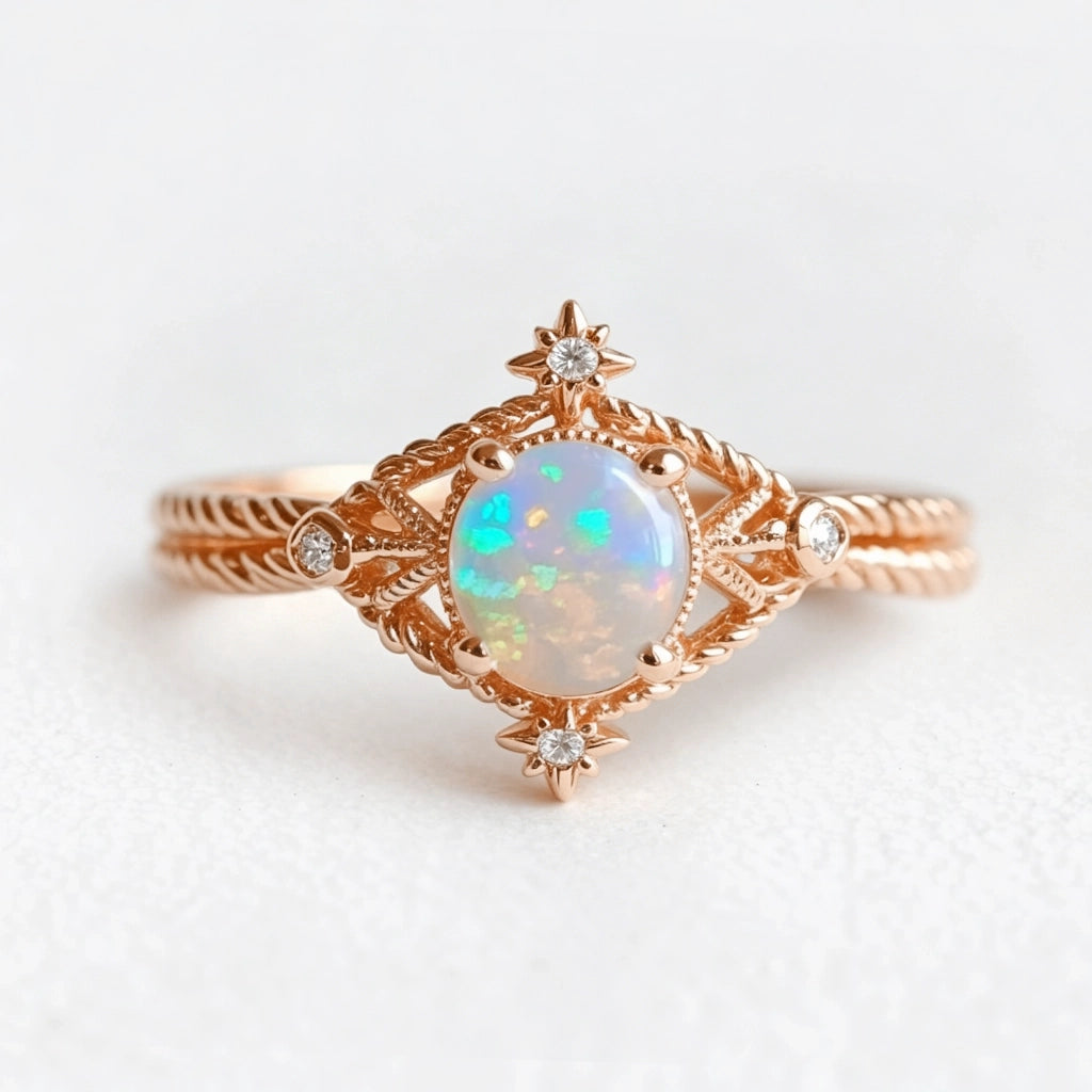 Aurora’s Knotwork | Round Opal Engagement Ring with Open Lozenge Weave & Nodes.