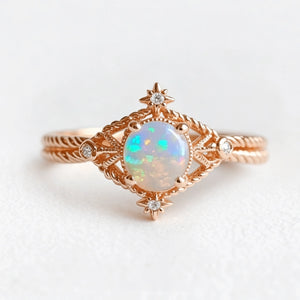 Aurora’s Knotwork | Round Opal Engagement Ring with Open Lozenge Weave & Nodes