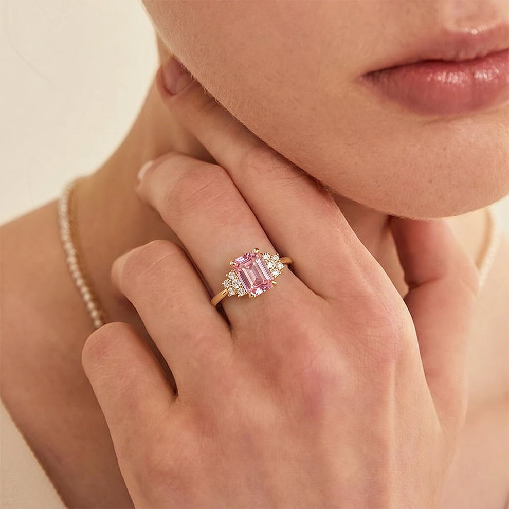 Aurora‘s Halo | 2CT Emerald Cut Pink Gemstone Ring.