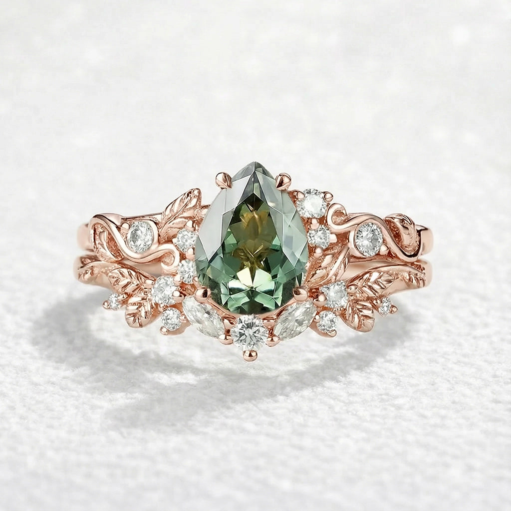 Sylvie’s Vine | Vintage Green Sapphire & Leaf Bridal Set 2pcs