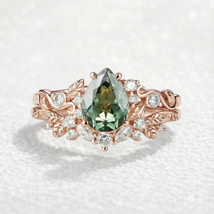 Sylvie’s Vine | Vintage Green Sapphire & Leaf Bridal Set 2pcs