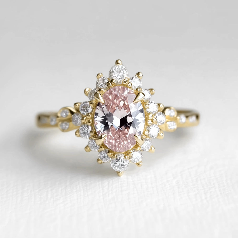 Lyra’s Halo | 1CT Oval Cut Pink Sapphire Halo Engagement Ring.