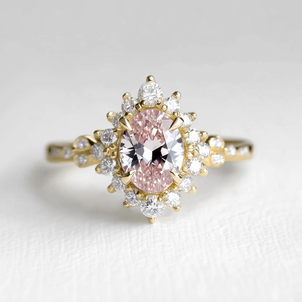 Lyra’s Halo | 1CT Oval Cut Pink Sapphire Halo Engagement Ring.