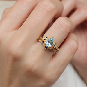 Isolde’s Tide | Vintage Pear Aquamarine & Sapphire Floral Bridal Set 2pcs.
