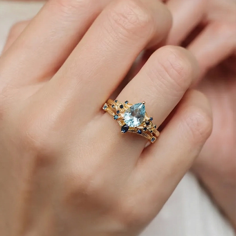 Isolde’s Tide | Vintage Pear Aquamarine & Sapphire Floral Bridal Set 2pcs.