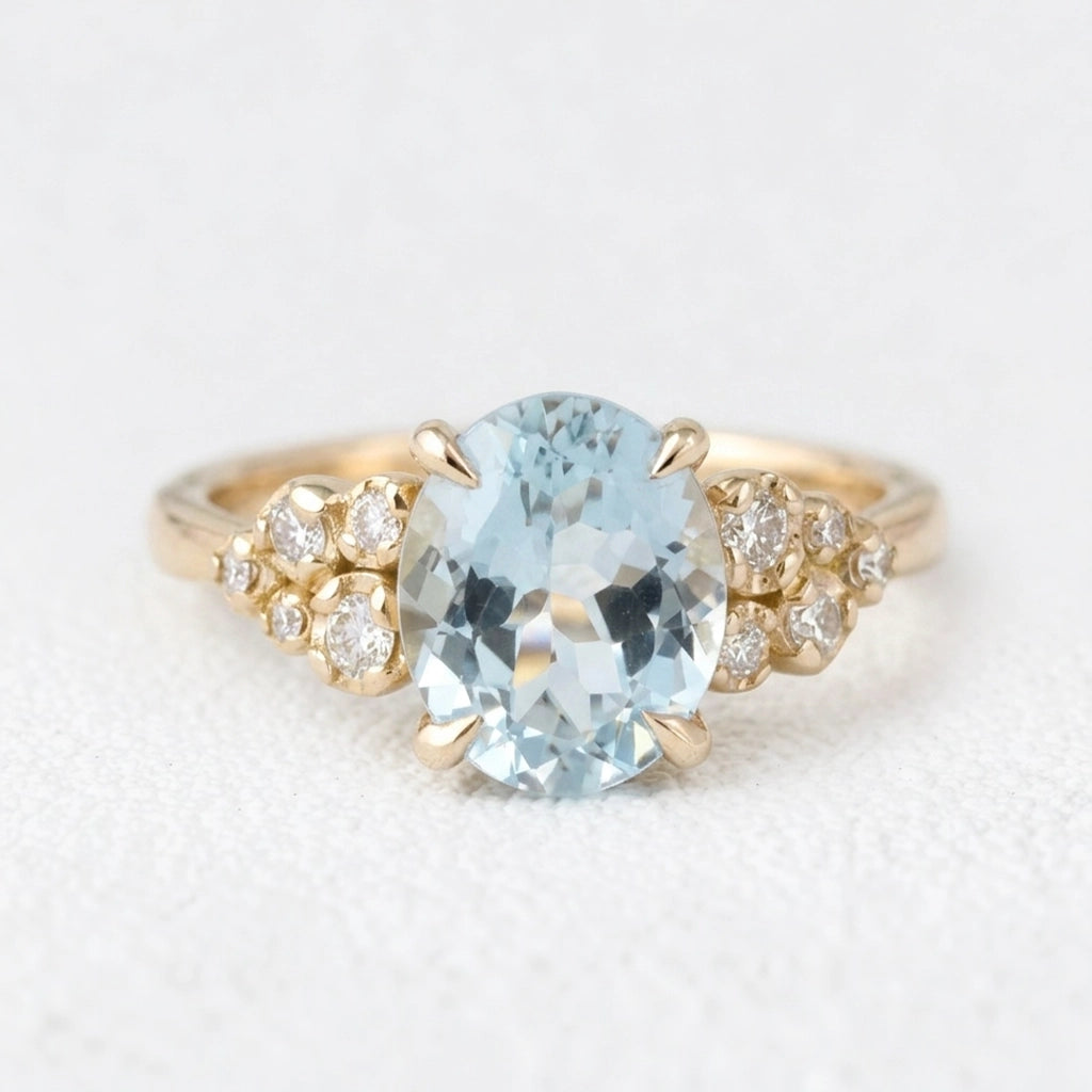 Marina’s Bloom | Oval Aquamarine Diamond Floral Cluster Ring.
