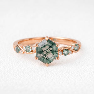Flora’s Sprig | Hexagon Cut Moss Agate Botanical Engagement Ring