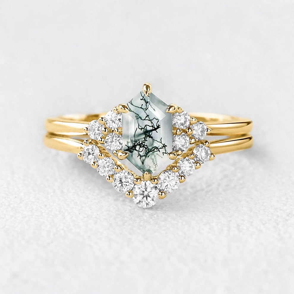 Elara’s Drift | Long Hexagon Moss Agate Stacking Ring Set 2pcs.