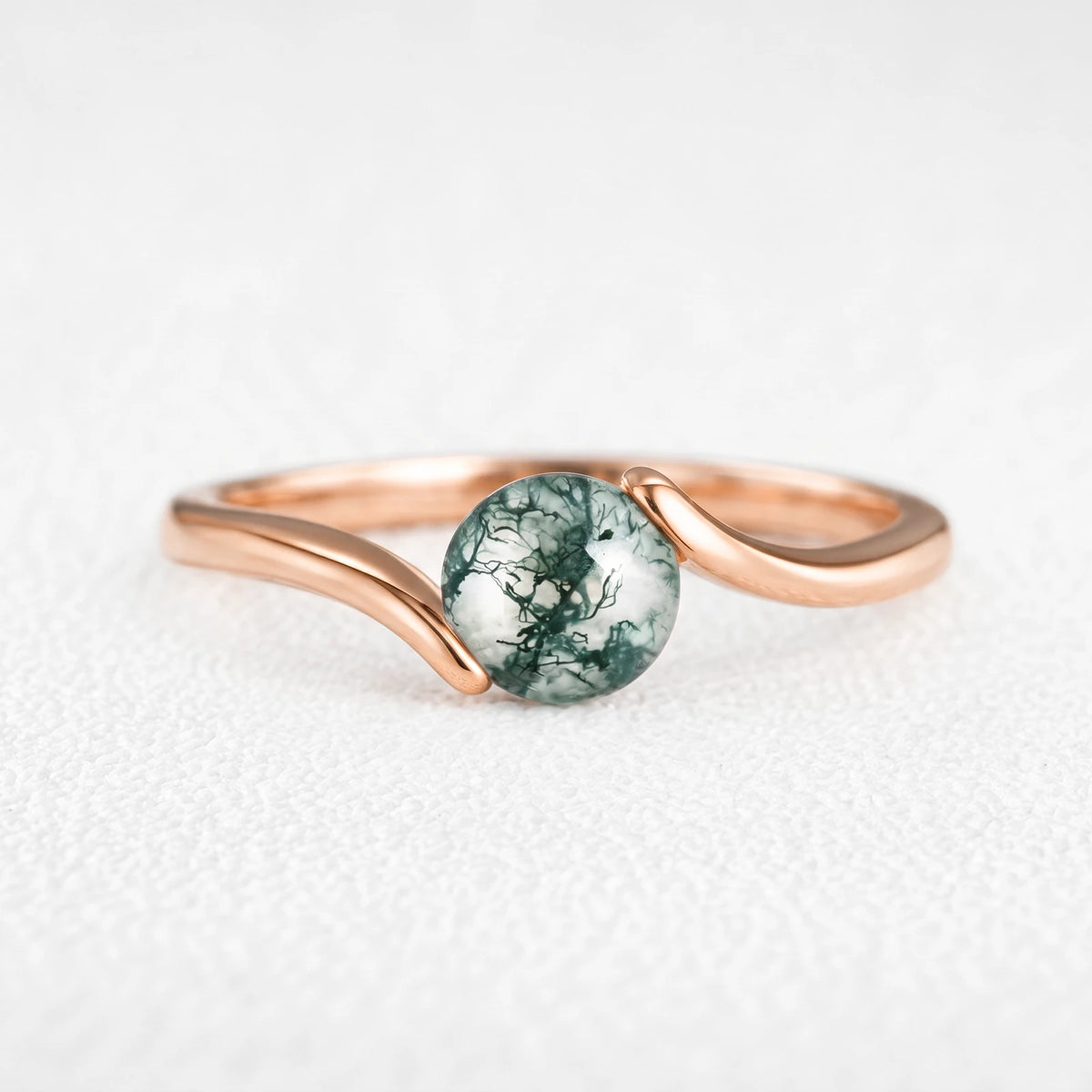 One Stone | Minimalist Solitaire Round Moss Agate Women’s Engagement Ring