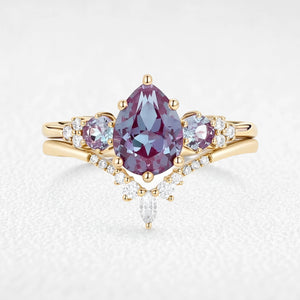 Sylvie’s Mirage | Alexandrite Pear Cluster & Princess Band Couple Set 3pcs