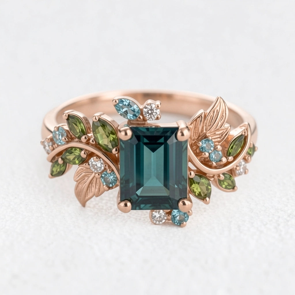 Ivy’s Embrace | Emerald Cut Blue Green Tourmaline Vine & Leaf Engagement Ring.