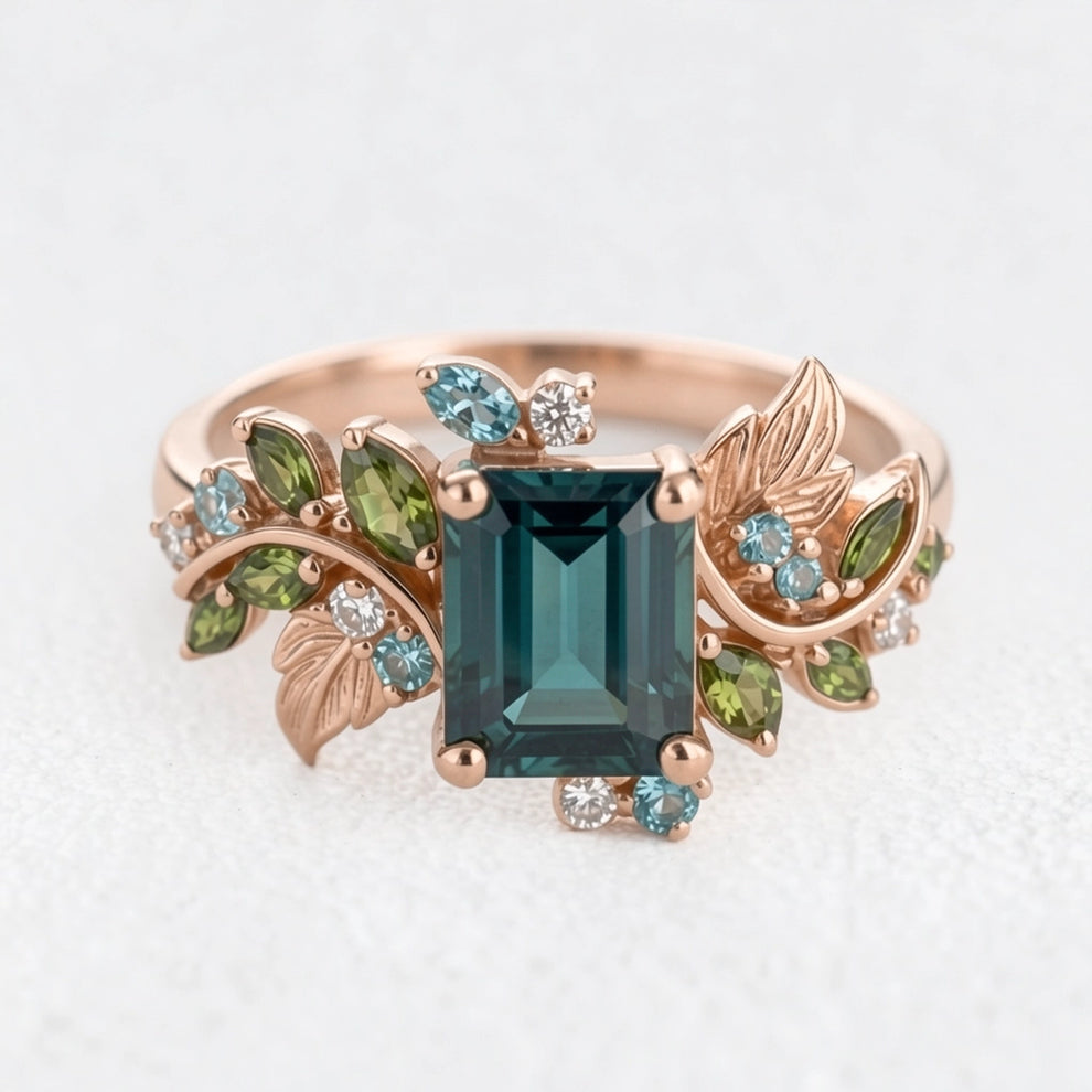 Ivy’s Embrace | Emerald Cut Blue Green Tourmaline Vine & Leaf Engagement Ring.