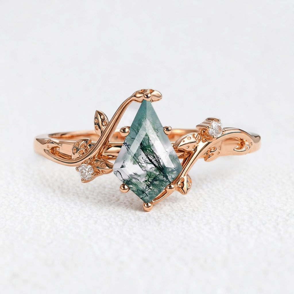 Hazel’s Whisper | Kite Cut Moss Agate Engagement Ring