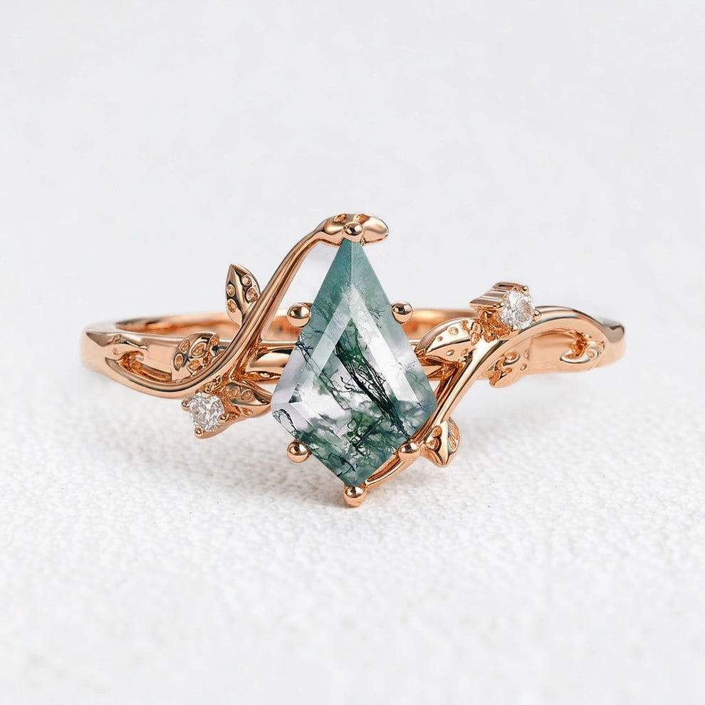 Hazel’s Whisper | Kite Cut Moss Agate Engagement Ring