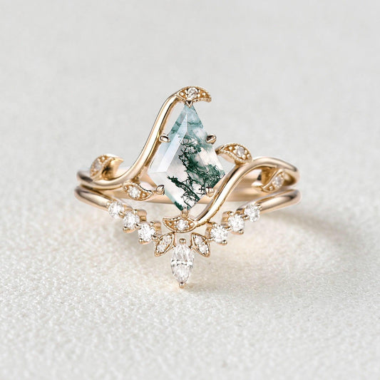Ivy Unique Kite Cut Moss Agate Leafy Engagement Ring Sets 2pcs.